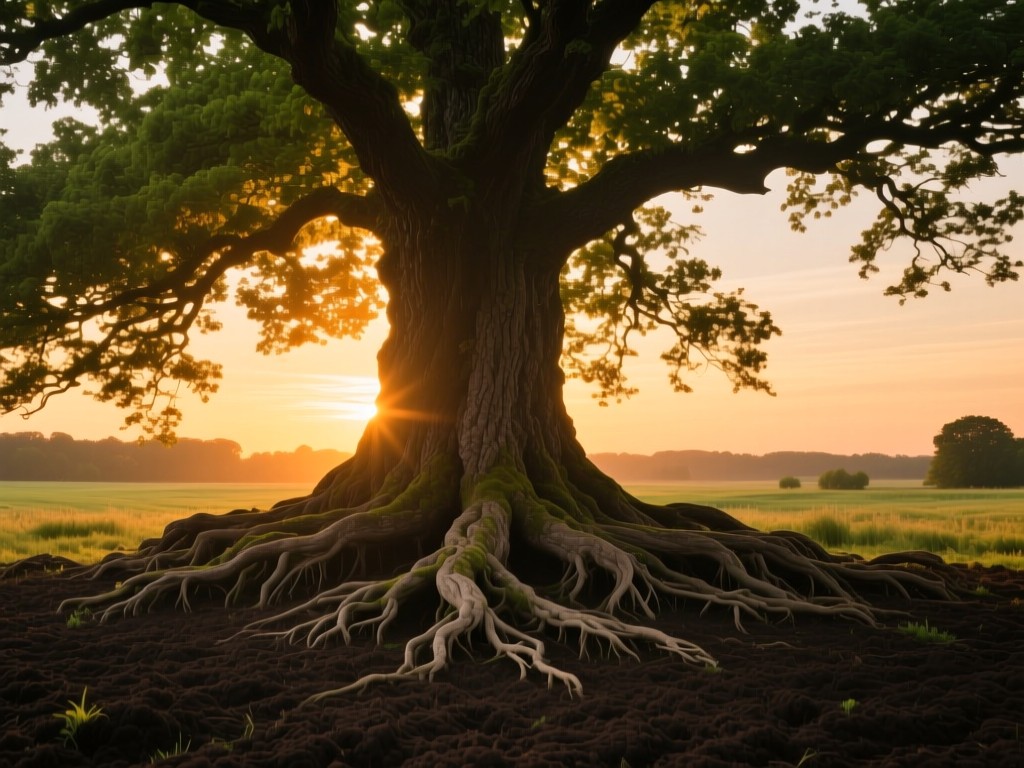 A towering ancient oak tree at sunset, its roots spreading wide across fertile soil, symbolizing growth and stability, golden hour backlighting, deep green and amber palette, no people.