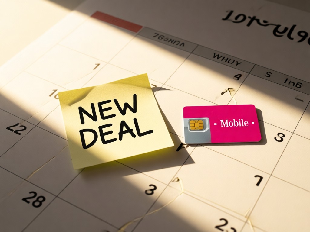 Calendar with 'NEW DEAL' sticky note beside a T-Mobile SIM card. Morning light creates long, soft shadows. No people.
