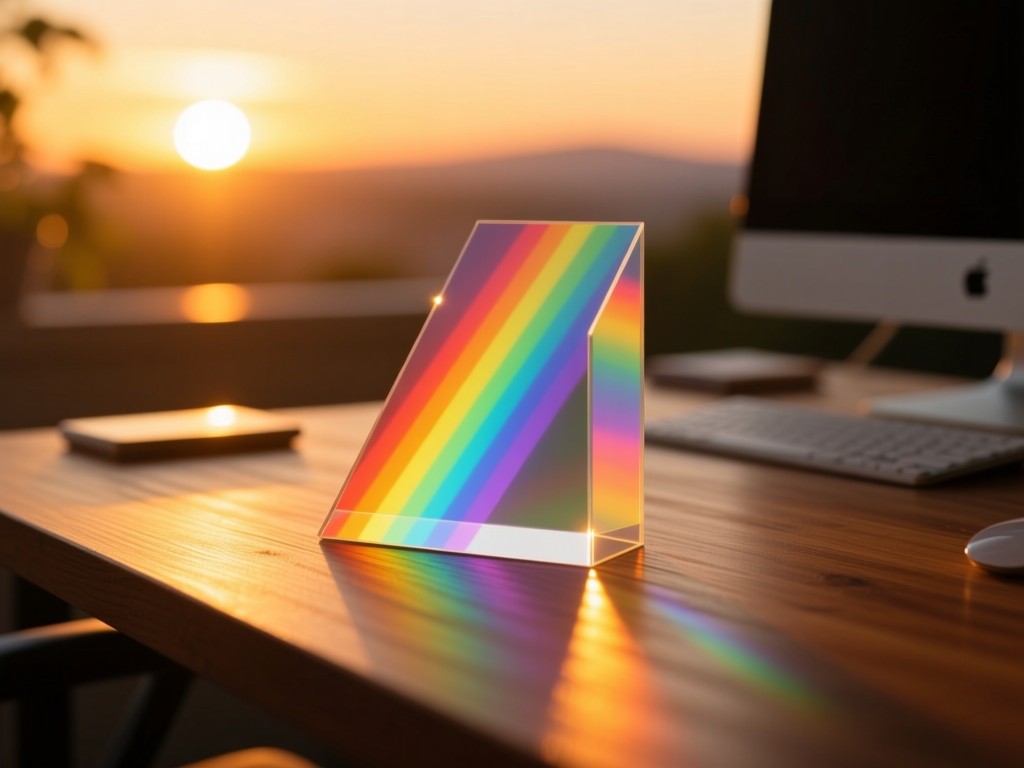 A vibrant rainbow prism casting multicolored light across a wooden desk at sunset, symbolizing spectrum visibility, warm golden hour glow, soft focus foreground.