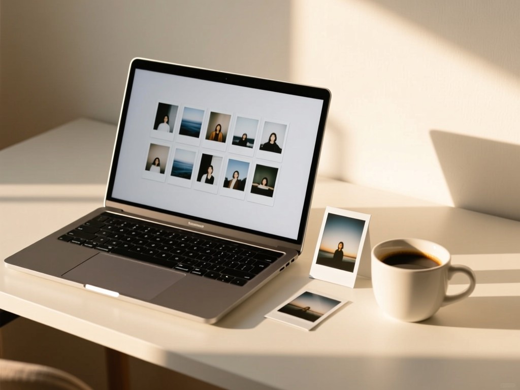 A minimalist desk with an open laptop displaying a clean photo grid. Beside it, a polaroid photo and coffee cup bathed in soft morning light. Focus on simplicity and warmth. No people.
