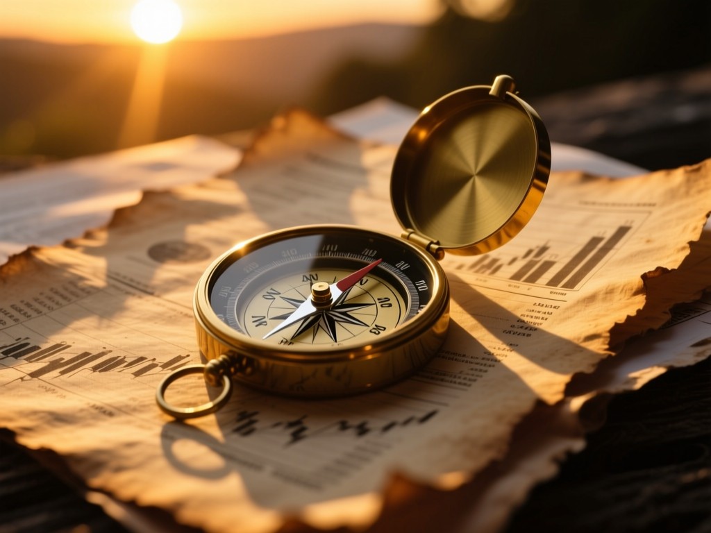 A compass on weathered financial documents during sunset, golden light casting long shadows, symbolic of guidance in finance, warm tones on parchment paper, no visible text.