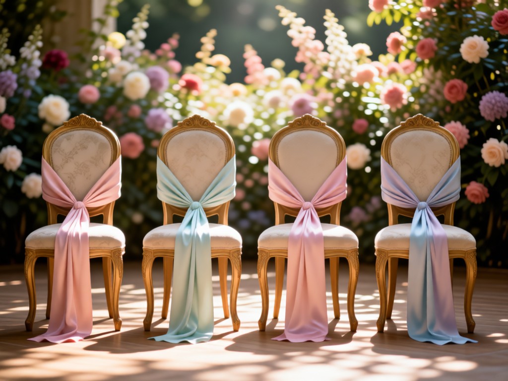 Four elegant chairs draped with pastel sashes in dappled sunlight. Empty but arranged for a court. Soft focus on floral backdrop. No people.