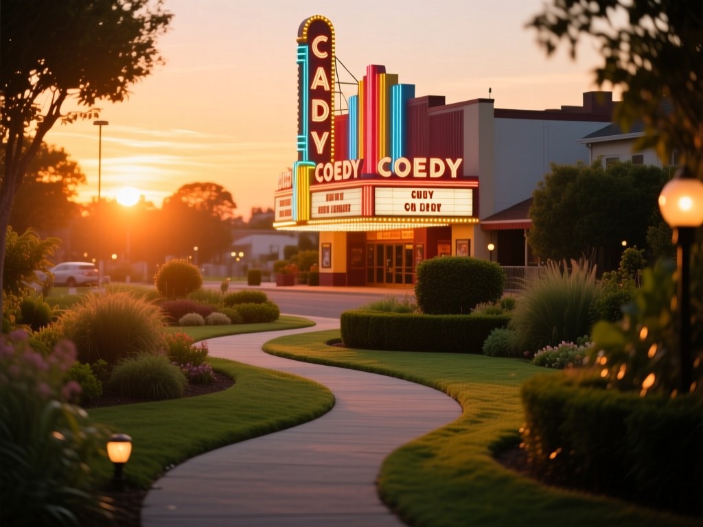 A winding garden path lit by sunset, leading to a brightly lit comedy club marquee in the distance, warm glow, soft focus background.