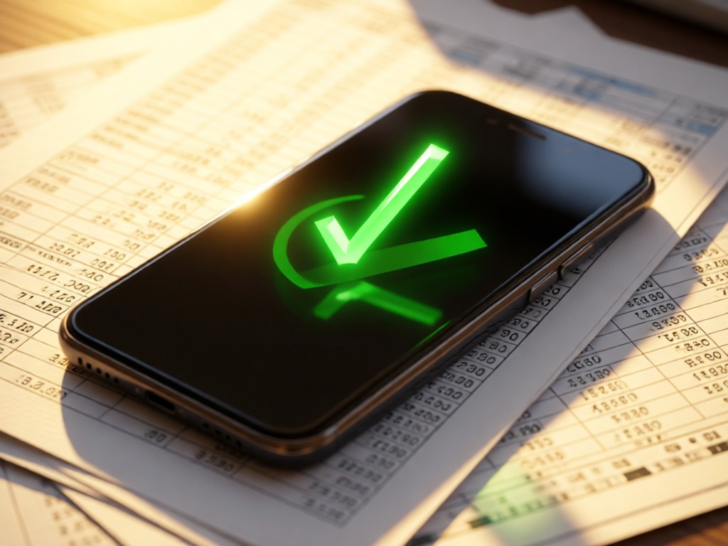 Side angle of a smartphone showing a green approval checkmark animation. Device rests on financial documents with blurred numerals. Warm sunlight highlights the screen.