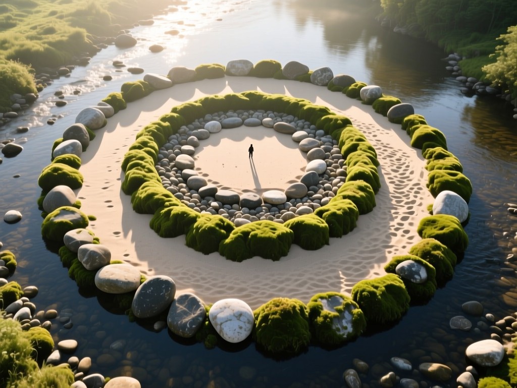 Aerial view of three concentric circles made from natural materials: river stones, sand, and moss. Represents tiered membership structure. Soft morning light with long shadows. No people.