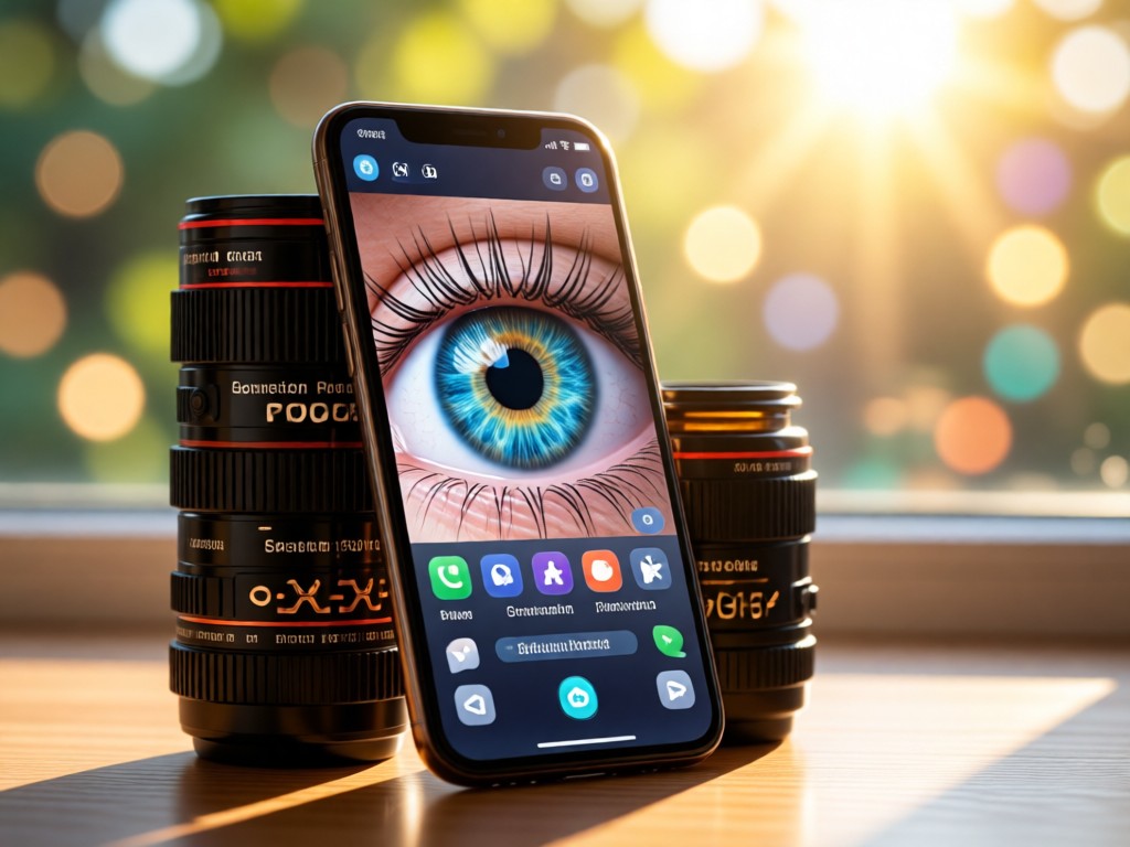Smartphone displaying eye color simulation interface propped against lens solution bottles. Soft focus background with bokeh light effects. Sunny window lighting. No human subjects.