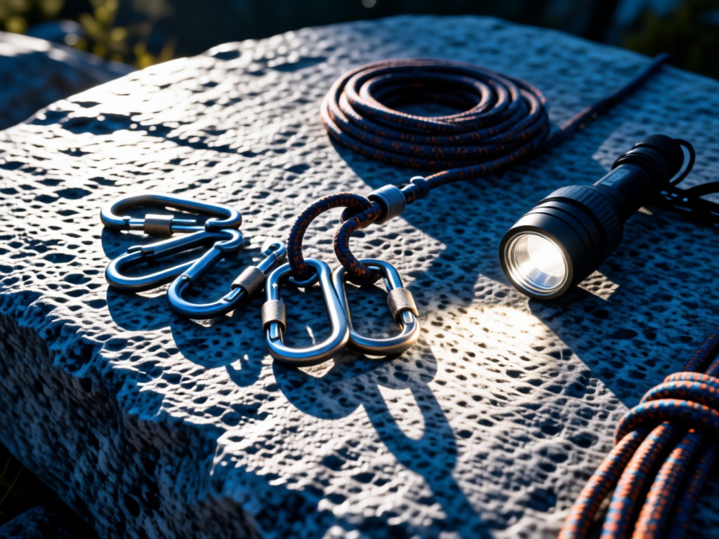 Artistic arrangement of climbing carabiners, rope, and headlamp on a granite slab. Morning light creates dramatic shadows. Textured surfaces, cool metallic tones. No people.