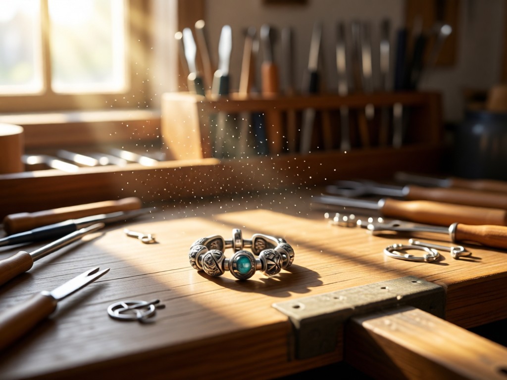 Aerial view of a single Pandora charm centered on a jeweler's workbench. Sunlight streams through a window, illuminating dust particles. Tools neatly arranged in blurred background. Symbolizes focus and craftsmanship. No people.