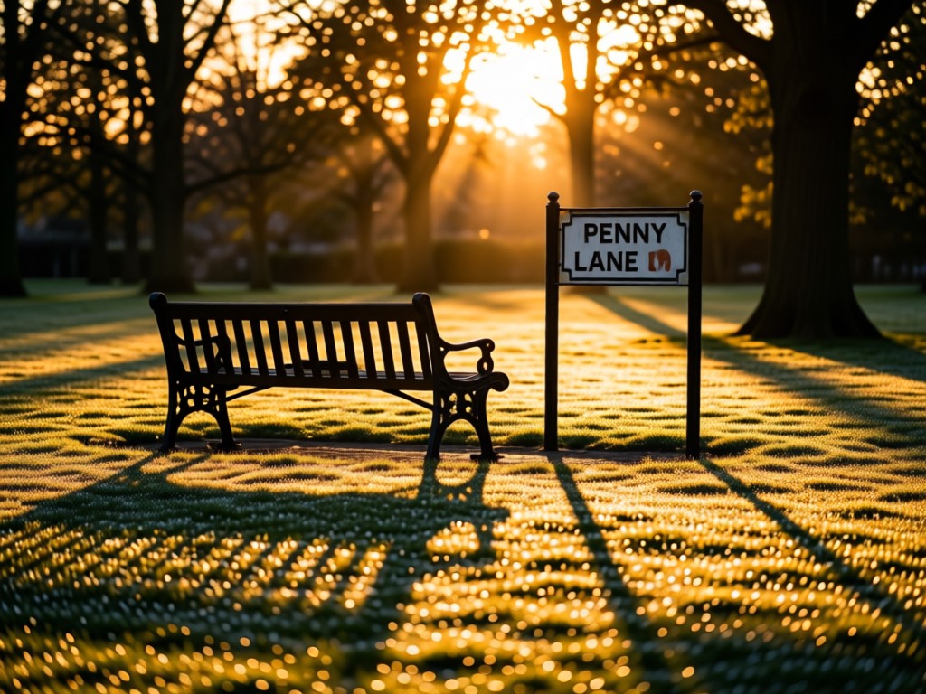 An empty park bench facing a vintage street sign reading 'Penny Lane' during sunset. Long shadows cast by the sign across dew-covered grass. Warm light filters through trees creating hopeful atmosphere. No people.