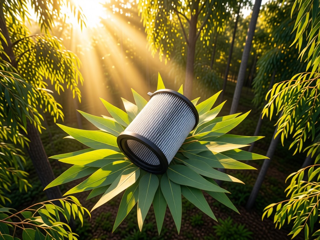 Aerial view of a high-efficiency filter resting on fresh eucalyptus leaves. Golden sunlight filters through trees, symbolizing clean air solutions. No people.