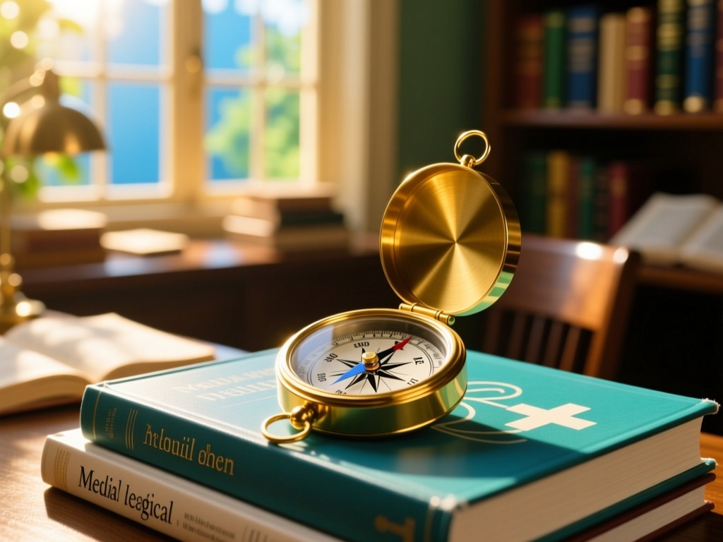 A compass resting on medical journals in a sunlit study, golden light filtering through windows, vibrant blues and greens, symbolic of discovery, no text visible.