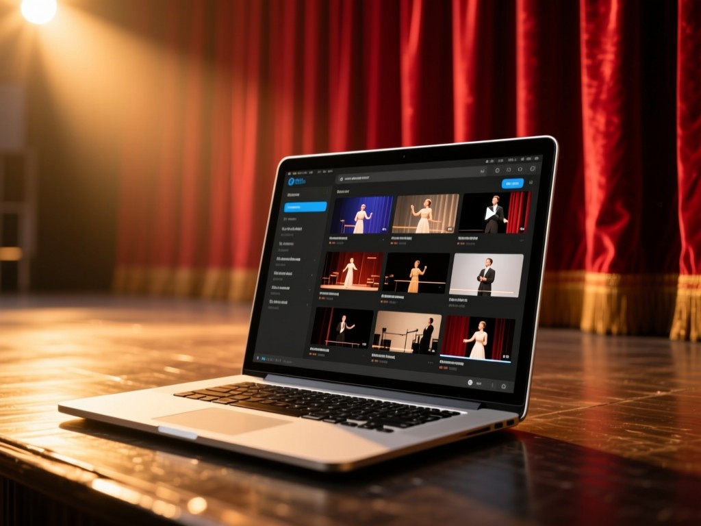 A sleek laptop open on a stage floor during golden hour, screen showing organized video thumbnails of acting performances, warm spotlight effect, red velvet curtain background, shallow depth of field, natural lighting.