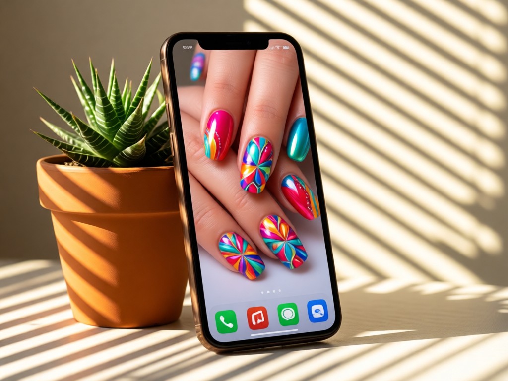 Smartphone displaying vibrant nail designs propped against a potted succulent. Sunlight through blinds creates striped patterns. No people.