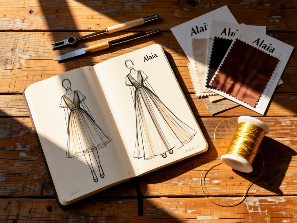 Flat lay of fashion design tools: sketchbook with Alaia-style dress drawings, fabric samples, and a spool of gold thread. Warm sunlight creates soft shadows on a rustic wooden surface. No people.