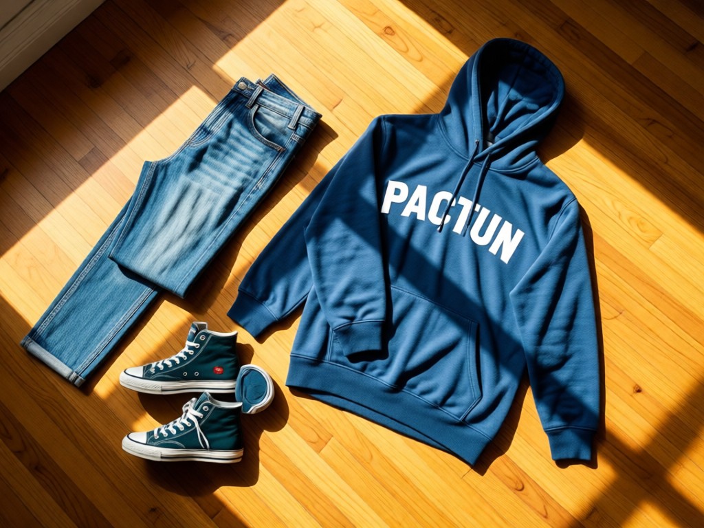 Aerial shot of a curated Pacsun-style outfit (denim, sneakers, hoodie) arranged on sun-drenched hardwood floor. Composition shows intentional negative space representing clarity and focus. No people.