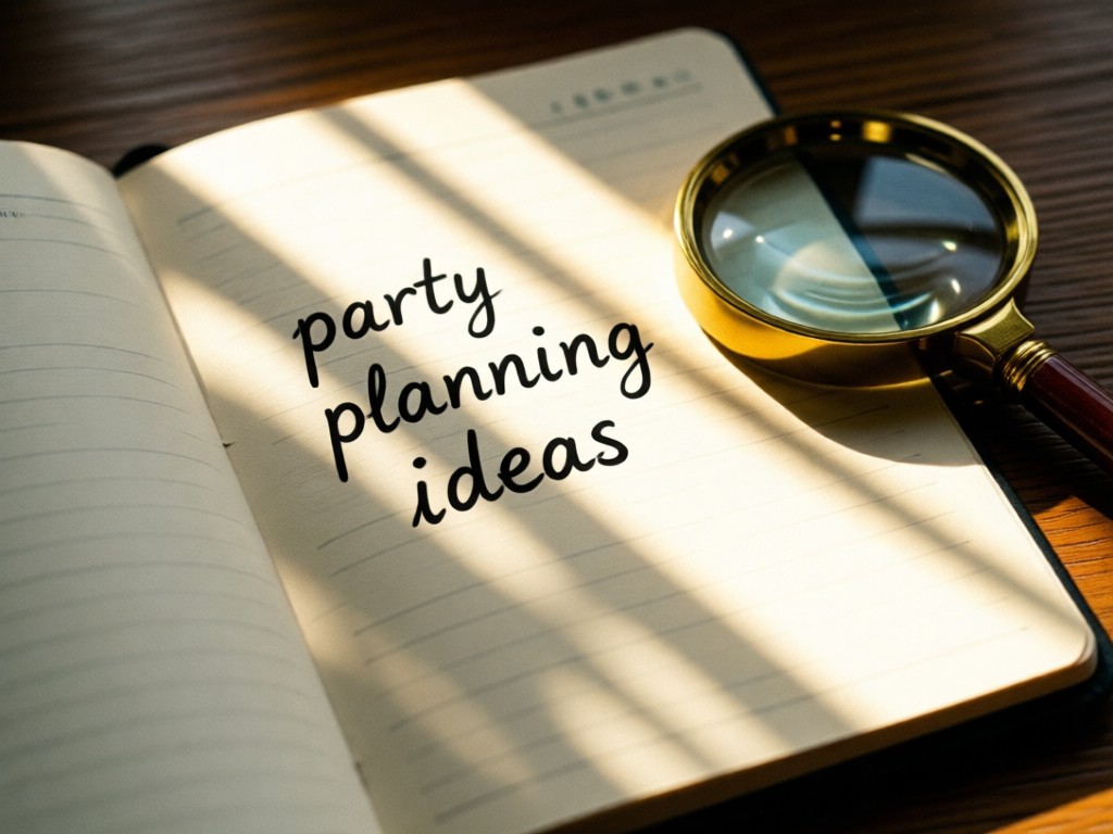 Open notebook with 'party planning ideas' sketched beside a magnifying glass. Sunbeam highlighting search keywords on paper. Soft shadows and film grain texture. No people.