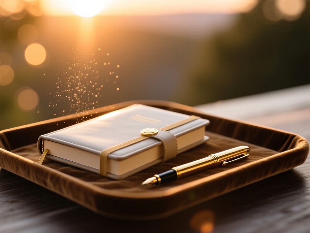An elegant appointment book and gold pen on a velvet tray during sunset, sunlight catching dust motes, warm bokeh background, minimalist style, no human elements.