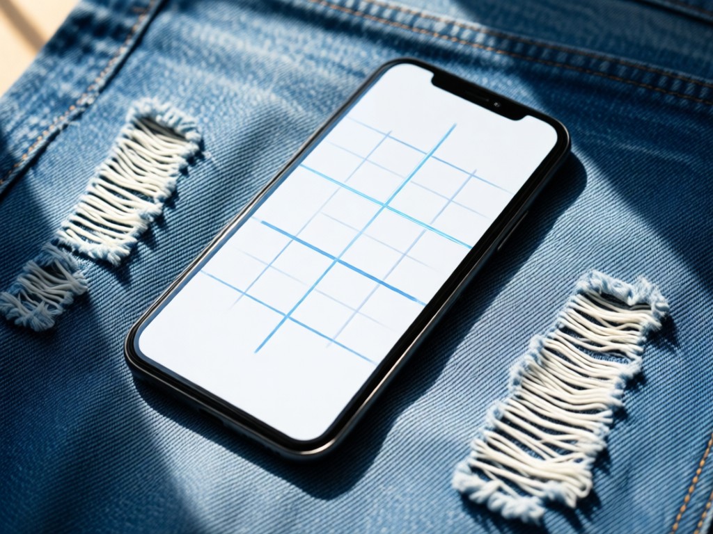 A smartphone displaying a clean link grid on a backdrop of ripped denim fabric. Natural light emphasizes the screen clarity. No people.