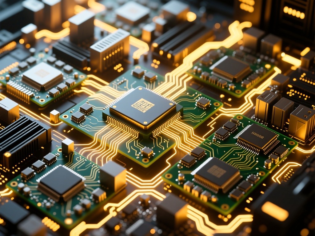 Aerial view of server motherboards arranged like city blocks with glowing circuit paths. Golden hour lighting creates warm highlights on silicon surfaces. No people.