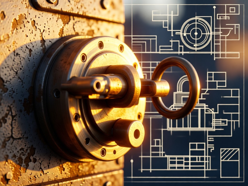 A high-security lock mechanism illuminated by warm light. Soft focus on industrial-grade steel with blueprint textures in background. Golden hour tones. No people.