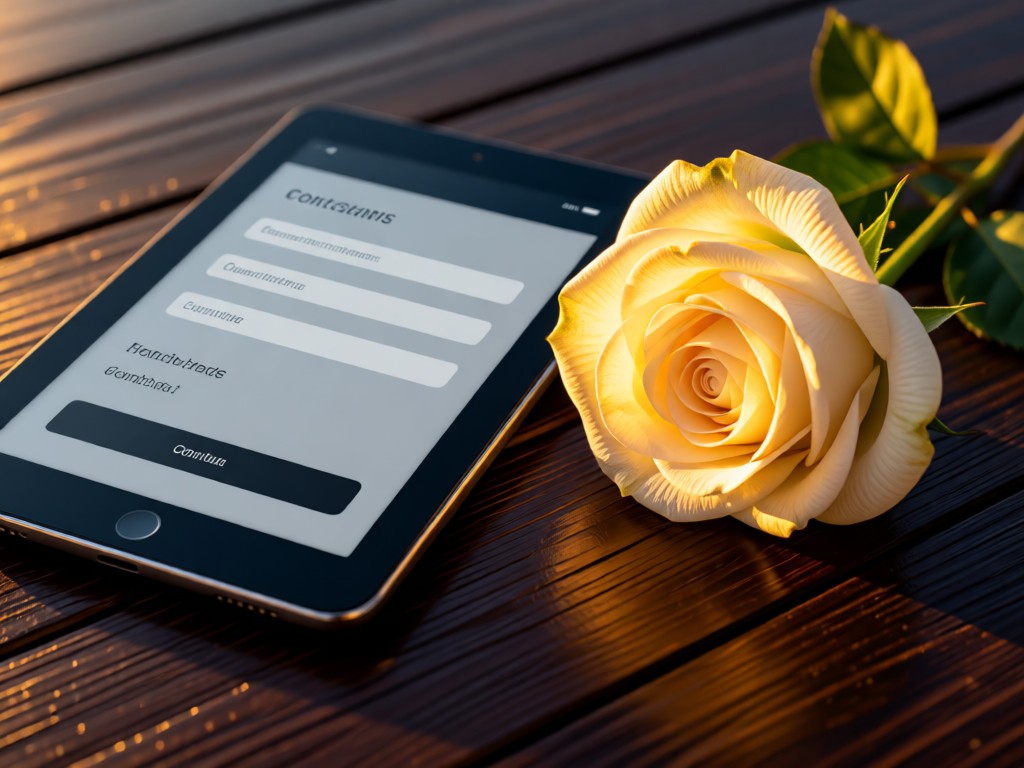A sleek tablet displaying a contact form beside a pressed white rose. Golden hour light highlights the petals' texture against dark wood. No people.