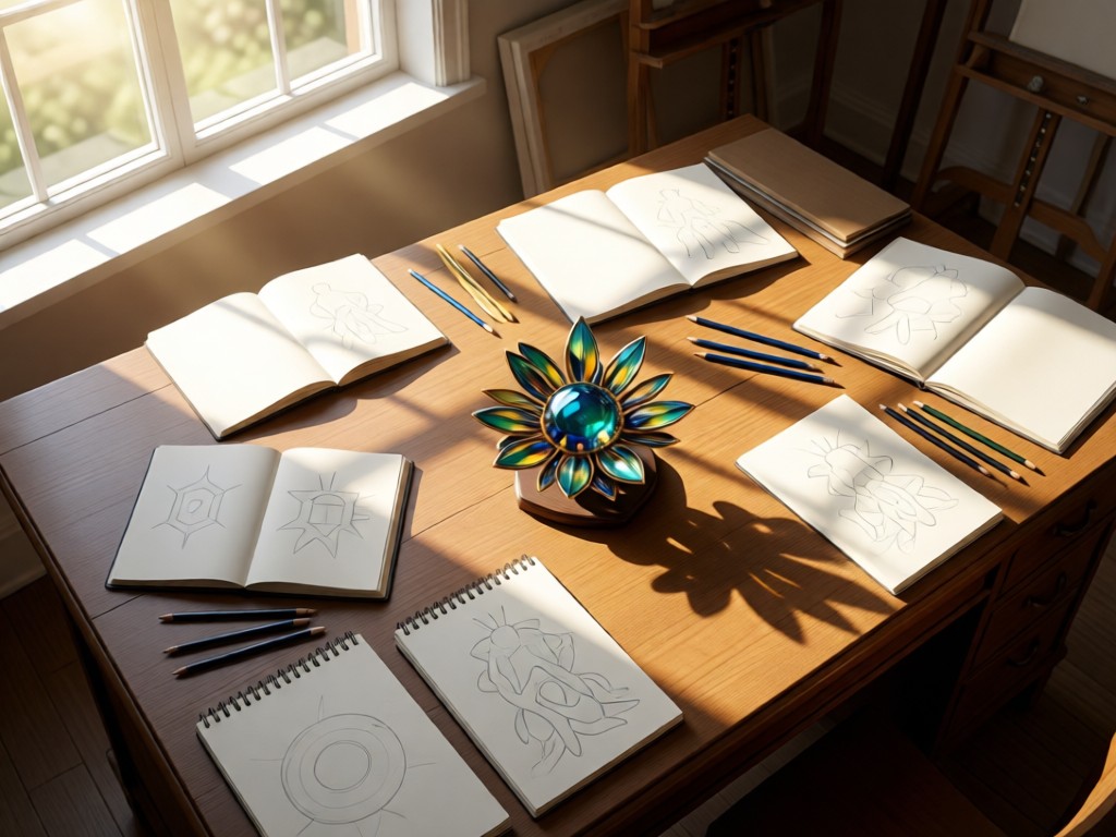 An aerial view of a single, exquisite pinponlili usa piece centered on a large artist's desk. Natural light from a nearby window illuminates blank sketchbooks and pencils, symbolizing creative focus. No people.