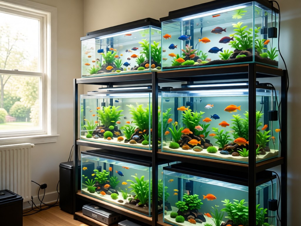 A clean aquarium breeding rack with multiple tanks holding different fish varieties. Soft natural light from a nearby window highlights water clarity. Equipment neatly organized. No humans present.