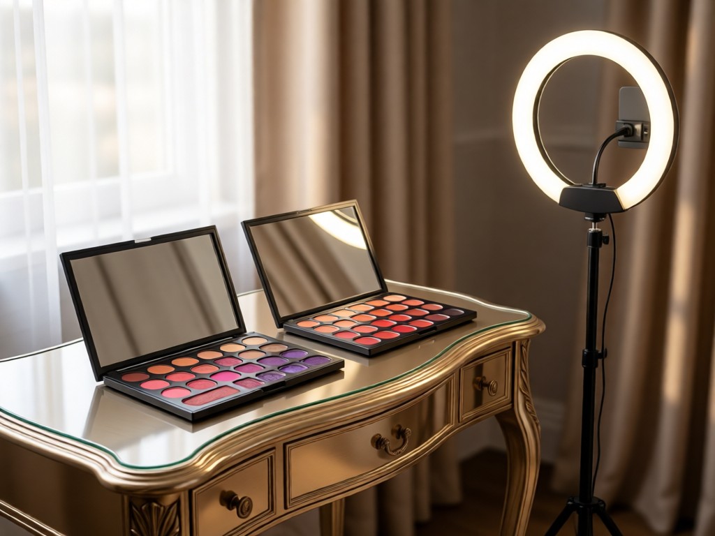 An elegant vanity table with open makeup palettes showing rich colors. A ring light reflector stands nearby. Soft window light creates gentle highlights on metallic surfaces. Background features blurred fabric textures. No people.