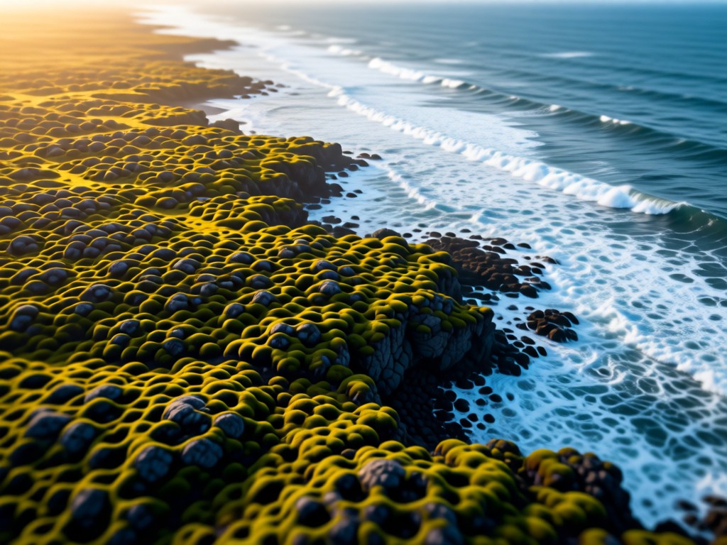 Aerial view of Icelandic moss-covered lava fields blending into ocean waves. Soft golden light highlights natural textures and cool color palette. Shallow depth of field. No people.