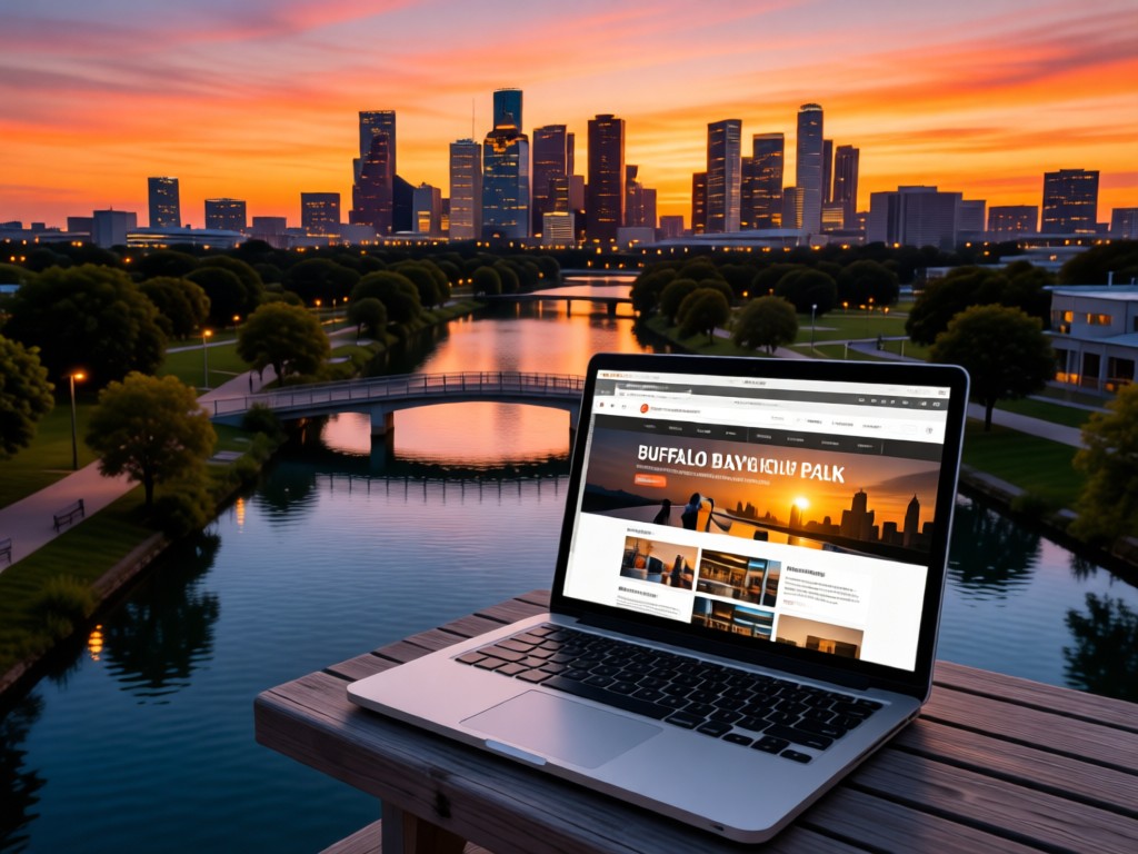 An aerial view of Buffalo Bayou Park at sunset, with a single open laptop showing a portfolio homepage. The city skyline glows in the distance. Symbolizes centralizing your Houston presence.