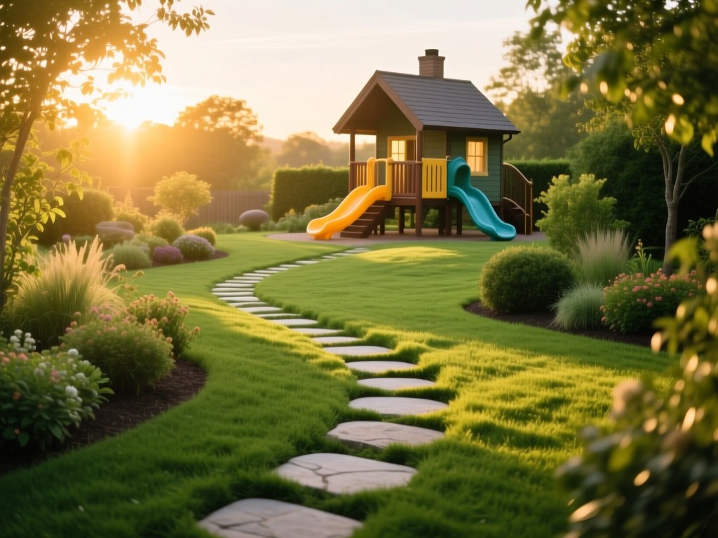 A winding garden path with stepping stones leading to a sunlit playhouse at golden hour, soft warm lighting, vibrant green grass, symbolic of discovery, natural color palette.