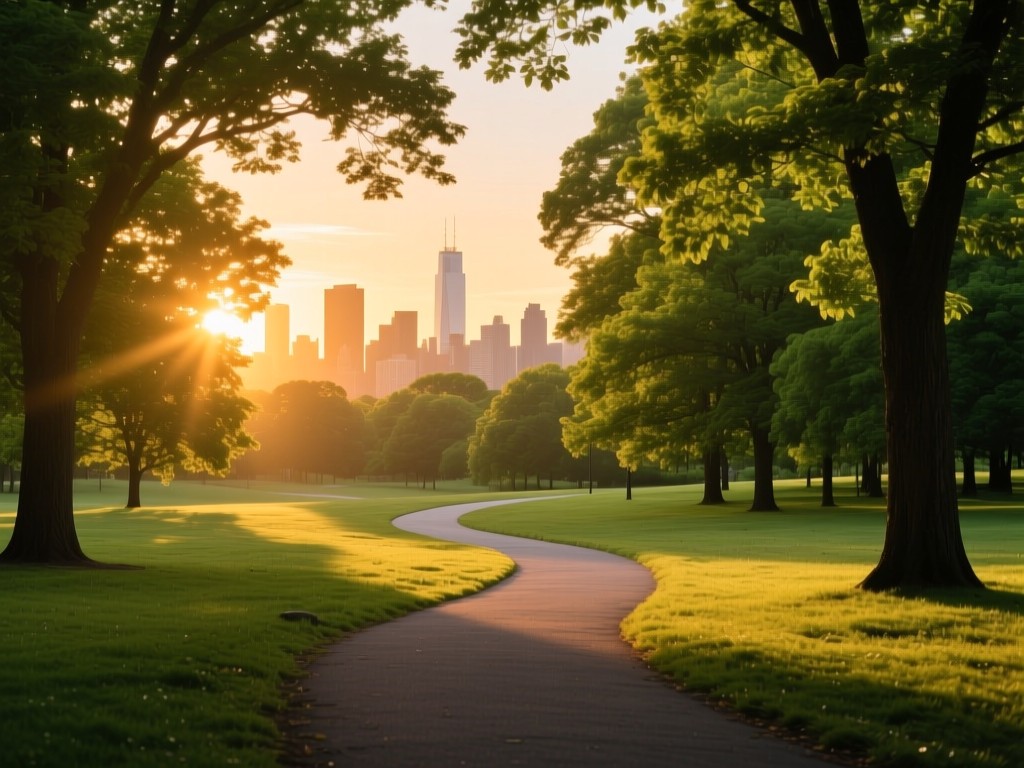 A winding path through sunlit park trees at sunset, leading to distant city skyline, soft golden glow, vibrant green foliage, symbolic of local discovery, no human figures.