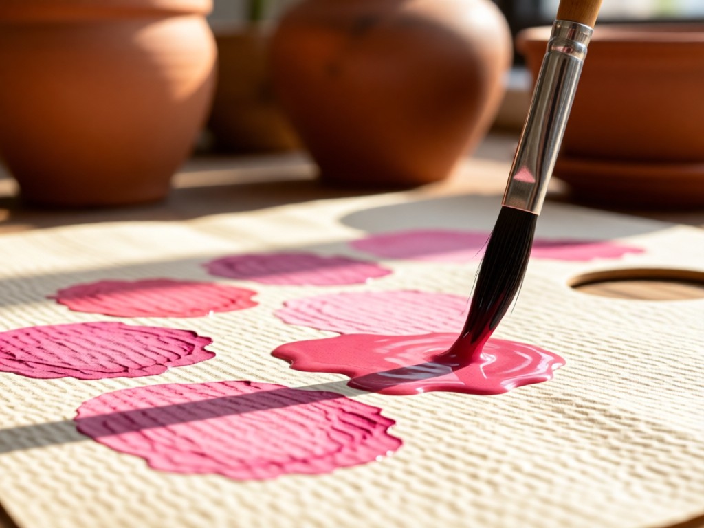 A painter's palette with varying pink watercolor swatches beside a dripping brush. Sunlight catches the wet pigments on textured paper. Earthy terracotta pots in the blurred background. No people.
