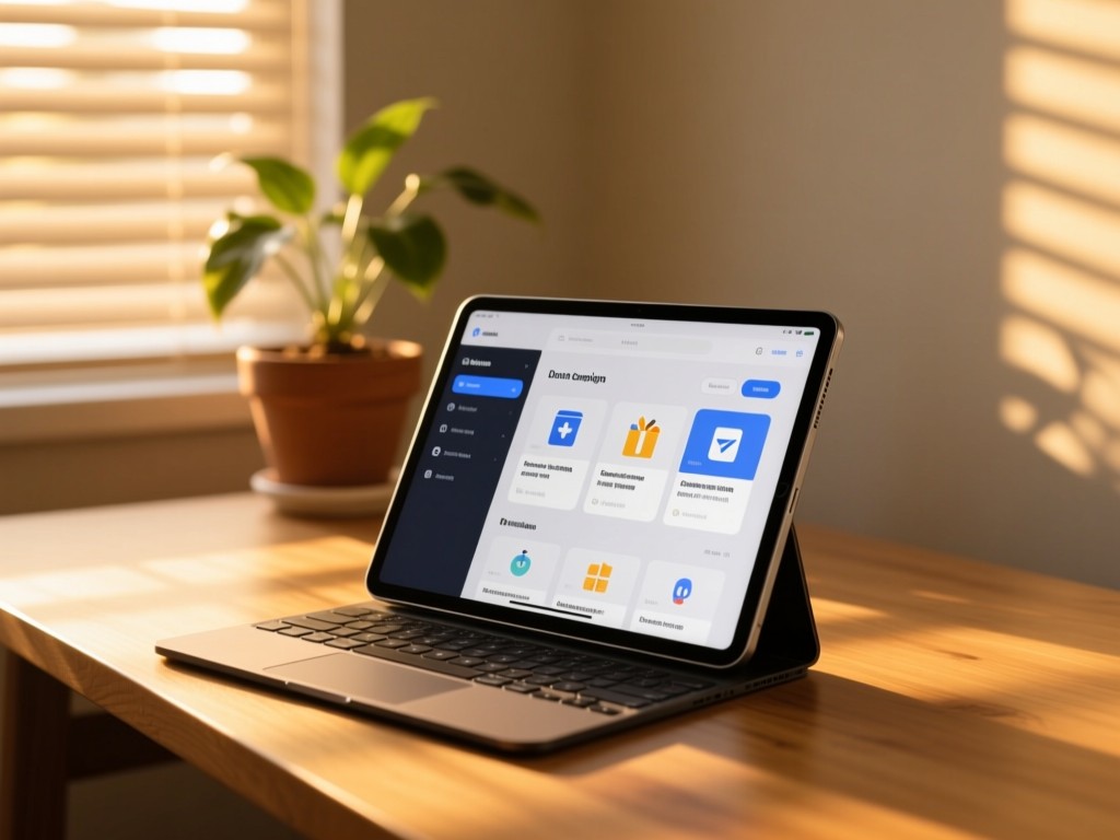 A sleek tablet on a wooden desk during golden hour, screen displaying organized donation campaigns, warm sunlight filtering through blinds, potted plant in background, minimalist style, soft natural lighting, no text visible.