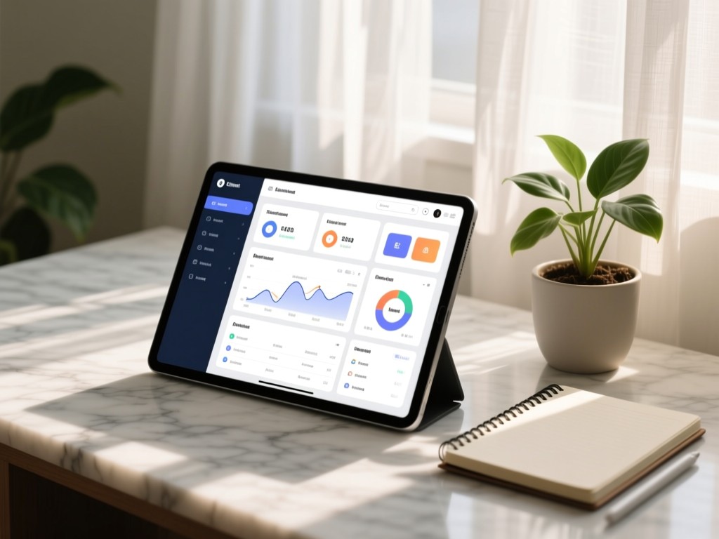 A tablet showing a clean client dashboard beside a plant and notebook. Light filters through sheer curtains onto a marble surface. Soft shadows create depth. Focus on organized digital tools. No people.
