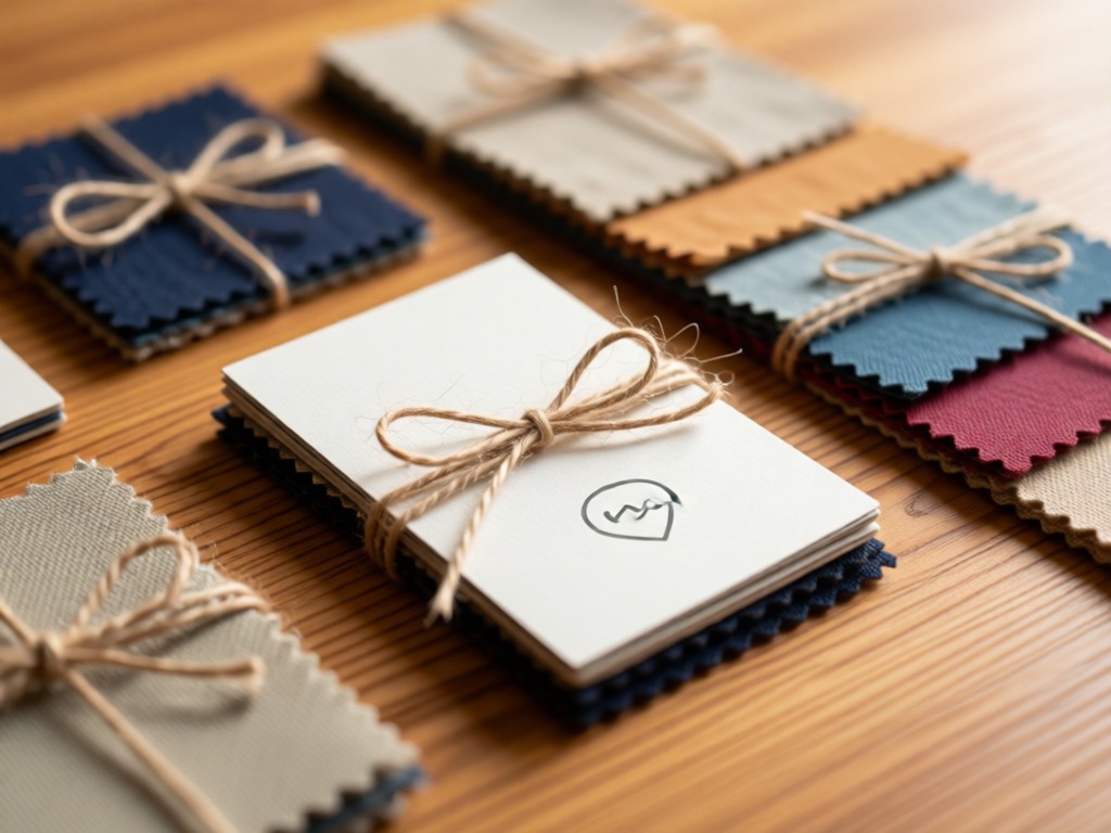 Artful arrangement of fabric sample cards tied with twine. One card features a subtle hyperlink icon. Warm wood table, shallow depth of field. Minimalist and intentional. No people.