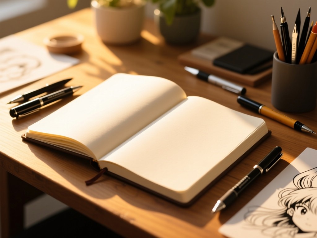 An open sketchbook with ink pens on a wooden desk during golden hour, blank pages illuminated by soft sunlight, manga art tools nearby, shallow depth of field, warm creative atmosphere, no text visible.