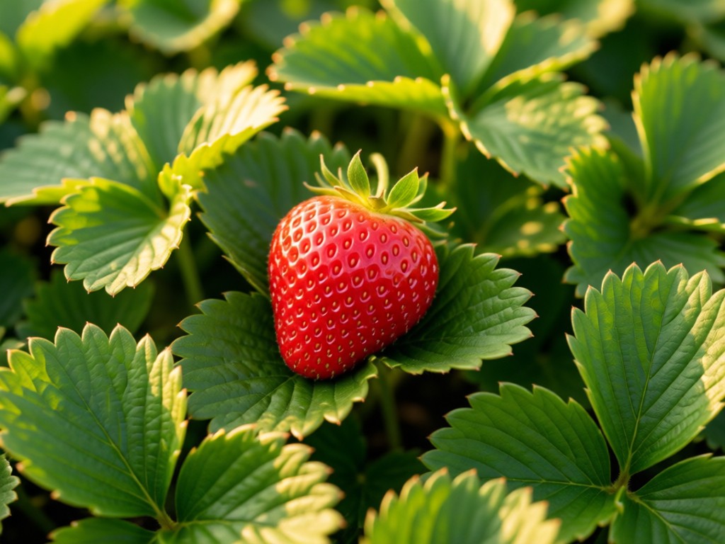 Aerial view of a single ripe Publix strawberry on a bed of fresh green leaves in golden hour. Represents freshness and standout quality. Shallow depth of field. No people.