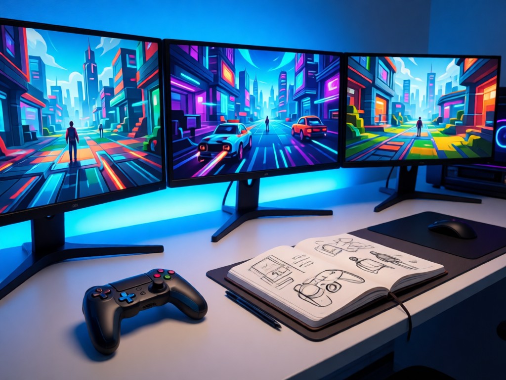 A clean desk setup with three monitors displaying vibrant game environment concepts. A stylized game controller sits beside a notebook filled with sketches. Soft blue ambient lighting creates depth. No people.