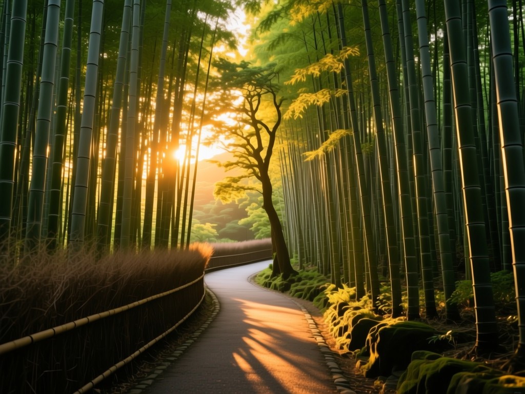 A winding path through Kyoto's bamboo forest at sunset, golden light creating patterns through stalks, symbolic of discovery in niche communities, soft shadows, vibrant greens, no people present.