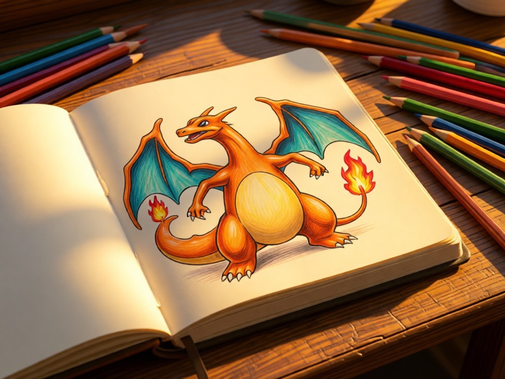 A sketchbook open to a detailed Charizard drawing. Colored pencils scattered on a rustic desk. Golden hour light highlights the artwork. No people.