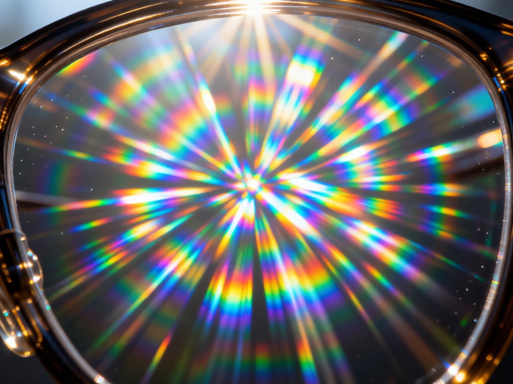 Macro shot of eyeglass lenses showing light refraction patterns. Sunlight creates rainbow flares on optical surfaces. Scientific yet artistic composition. No people.