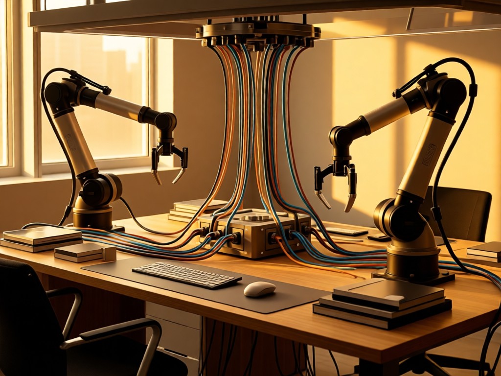 A neatly organized workstation with robotic arms connected via visible cables to a central hub. Golden hour light highlights connectivity. No people.