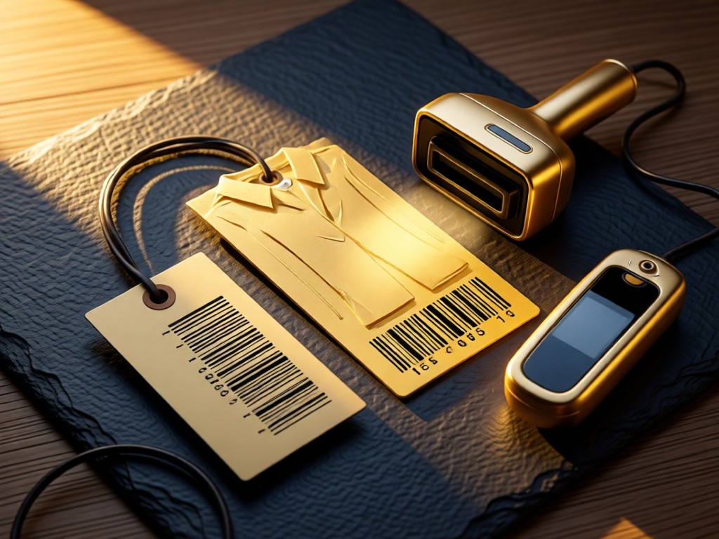 Stylized arrangement of clothing tags and barcode scanners on a slate background. Golden side lighting emphasizes textures. Abstract commercial aesthetic. No people.