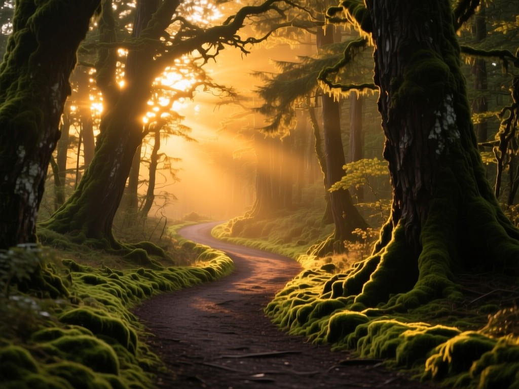 A winding forest path illuminated by golden sunset light, symbolic of discovery, with ancient trees framing the scene, soft moss underfoot, no human presence.