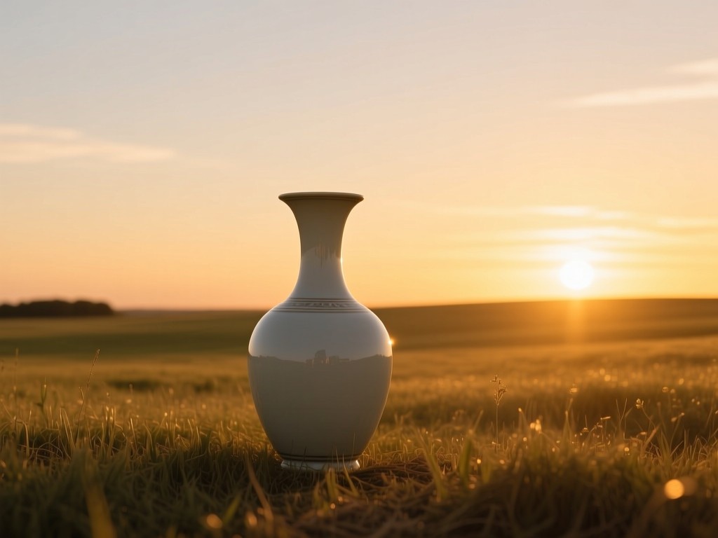 A single exquisite porcelain vase in an open field at sunset, golden light emphasizing its form, symbolizing artistic growth, expansive sky, minimalist composition, no people.