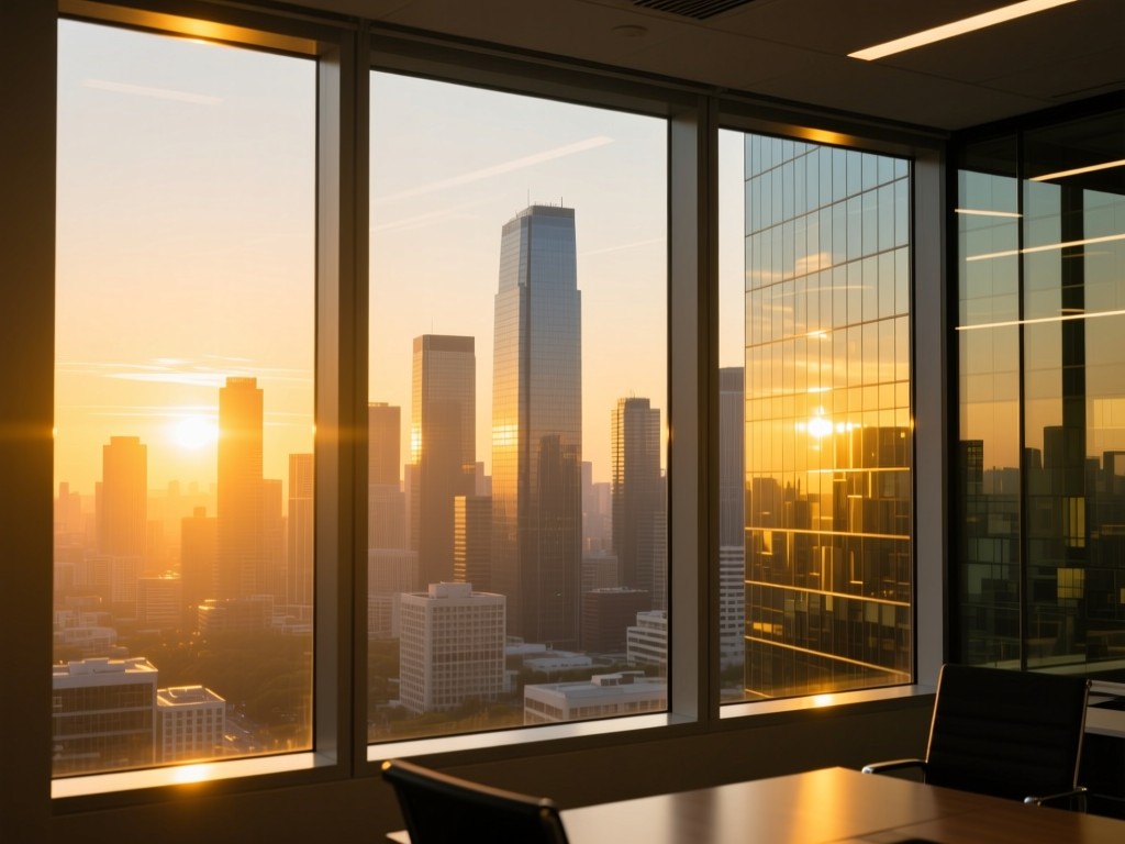 Sunrise over modern city skyline viewed through office window, golden light reflecting on glass buildings, symbolic of business growth opportunities, warm tones, expansive composition.