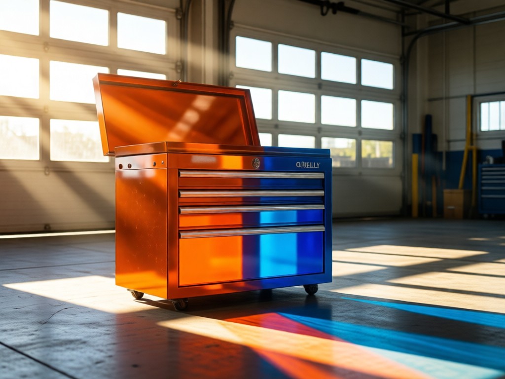 Color swatches in O'Reilly's signature orange and blue on a metal toolbox. Sunlight streams through garage doors creating vibrant reflections. Industrial yet clean composition with no people.