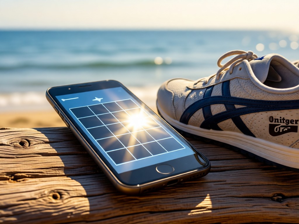 Smartphone displaying clean link grid next to Onitsuka Tiger shoes on driftwood. Sunlight reflects off screen, ocean blurred in distance. Serene, no people.