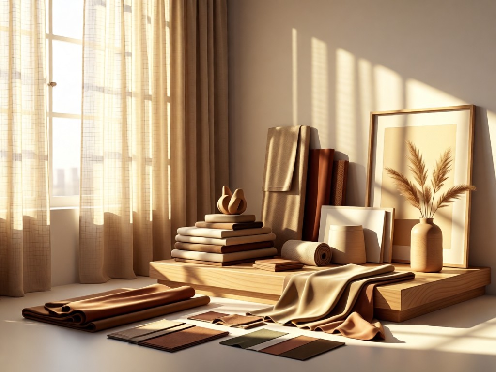 A mood board with fabric samples and a 3D-rendered product display. Sunlight filters through linen curtains.